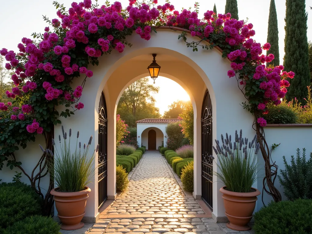 Mediterranean Garden Arch with Climbing Roses - A stunning white-painted Spanish garden arch photographed during golden hour, creating a romantic Mediterranean garden entrance. The elegant arched structure features ornate wrought iron details and is abundantly draped with cascading pink climbing roses and vibrant magenta bougainvillea. The arch frames a cobblestone pathway leading to an intimate courtyard garden. Terracotta pots with lavender and rosemary flank the entrance, while cypress trees in the background create depth. The warm evening light casts gentle shadows through the flowering vines, captured with a professional DSLR camera at f/8, ISO 100, and 1/125 shutter speed, emphasizing the architectural details and natural textures.