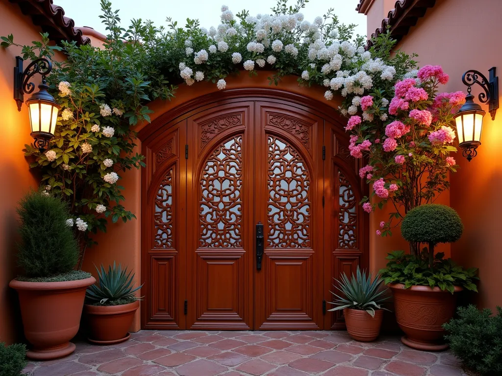 Spanish Privacy Screen with Climbing Jasmine - A stunning Spanish-style privacy screen at dusk, photographed with a 16-35mm lens at f/2.8, ISO 400. The ornate wooden screen features intricate Moorish-inspired geometric cutouts and arches, painted in warm terracotta. White star jasmine and pink bougainvillea elegantly climb the 8-foot screen, their tendrils weaving through the decorative patterns. Soft evening light filters through the cutouts, creating dramatic shadows on the rustic paved patio below. Mediterranean pottery with succulents flanks the screen base, while wrought iron lanterns hang from decorative brackets, casting a warm glow. The screen is positioned in an intimate courtyard setting with terracotta walls and Spanish roof tiles visible in the background.