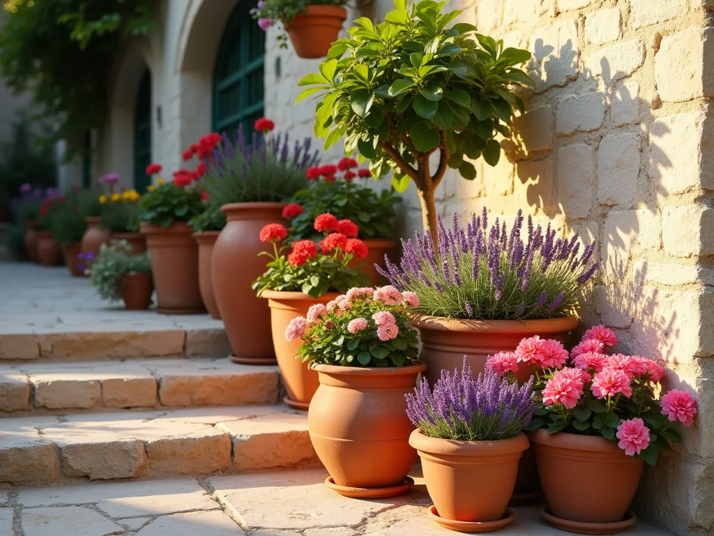 Spanish Courtyard Terracotta Pot Garden - A sun-dappled Mediterranean courtyard corner at golden hour, featuring an artfully arranged collection of weathered terracotta pots in varying sizes. The pots cascade down whitewashed stone steps, with the largest vessels standing 3 feet tall and smallest about 8 inches. Vibrant pink and coral geraniums spill over the rims, while tall sprigs of purple lavender sway gently in the breeze. A petit potted lemon tree takes center stage, its glossy leaves catching the warm evening light. The scene is set against a textured stucco wall with climbing bougainvillea, creating a intimate Spanish garden atmosphere. Soft shadows play across the terracotta surfaces, highlighting their rustic patina and organic textures. Shot from a medium-low angle to emphasize the vertical arrangement and depth of the composition. Photorealistic, highly detailed, warm Mediterranean lighting.