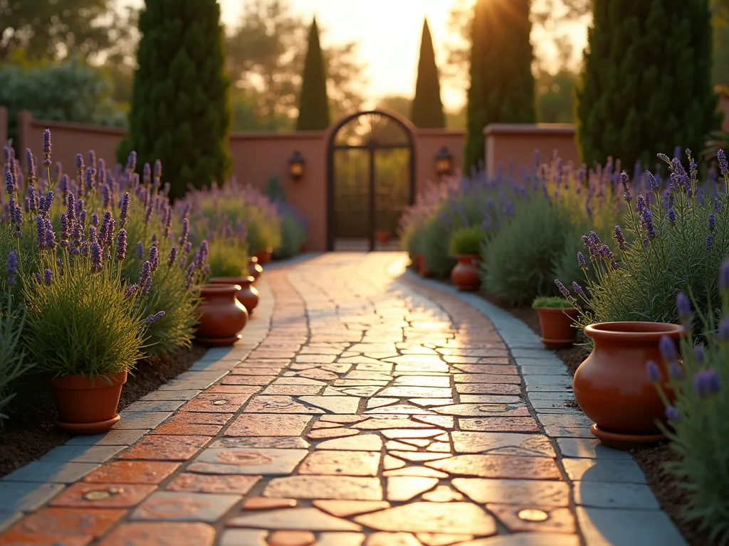 Mediterranean Spanish Tile Garden Path at Sunset - A winding garden pathway photographed during golden hour, featuring intricate Spanish terracotta and azure ceramic tiles arranged in traditional Moorish geometric patterns. The narrow path curves gracefully through a small Mediterranean garden space, bordered by silvery-green lavender and fragrant rosemary bushes. Warm evening sunlight casts long shadows across the richly colored tiles, highlighting their ornate designs. Terra cotta pots filled with flowering herbs dot the pathway edges, while a small wrought iron garden gate is visible in the background. The scene is captured from a low angle perspective, emphasizing the detailed tilework and creating depth through the curved path. The overall composition evokes a sense of intimate Spanish garden charm, with soft bokeh effects in the background where cypress trees catch the last rays of sunlight, photorealistic, 8k, architectural photography style.