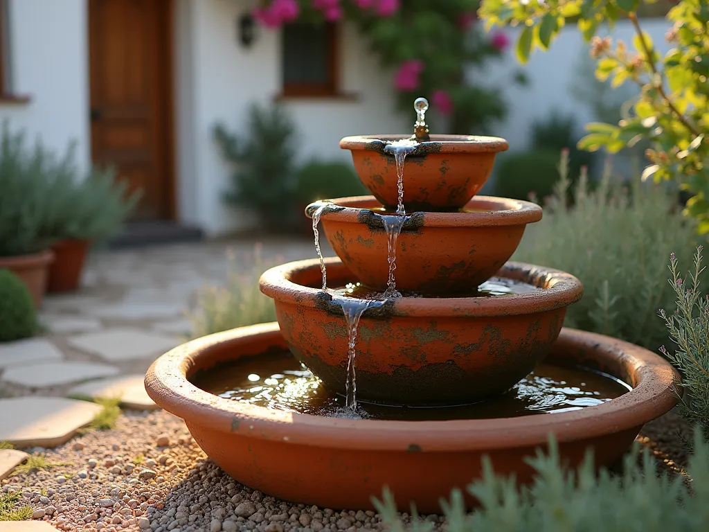 Mediterranean Terracotta Pot Fountain in Small Garden - A stunning close-up shot of a rustic three-tiered terracotta pot fountain in a small Mediterranean garden setting, captured during golden hour. Water cascades gently between weathered clay pots of decreasing sizes, creating peaceful ripples. The fountain is surrounded by silvery-green lavender plants, trailing rosemary, and compact Greek oregano. Terra cotta pavers and crushed gravel create a traditional Spanish courtyard feel. Warm evening sunlight casts long shadows across the textured pots, while delicate water droplets catch the light. The background shows whitewashed stucco walls with climbing bougainvillea, maintaining the Mediterranean aesthetic. Shot with shallow depth of field focusing on the water feature, DSLR, f/8, ISO 100, 1/125s, natural lighting.