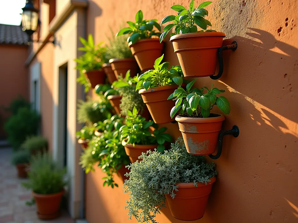 Mediterranean Vertical Herb Garden at Sunset - A close-up view of a rustic terracotta vertical herb garden mounted on a weathered stucco wall, illuminated by warm evening sunlight. Multiple tiers of traditional Spanish clay pots cascade downward, overflowing with fragrant Mediterranean herbs. Fresh basil, silvery sage, and oregano spill out dramatically, creating a tapestry of greens and grays. The wall features a warm ochre color, complementing the terracotta planters. Small wrought iron accents and a vintage Spanish lantern add authentic Mediterranean charm. Soft golden hour lighting creates deep shadows and highlights the texture of both herbs and pottery, while a partial view of a tiled Spanish patio below grounds the scene.