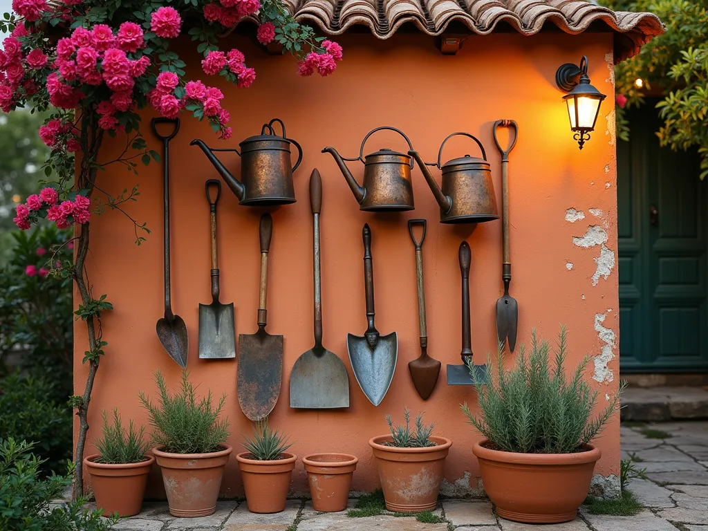 Mediterranean Vintage Garden Tools Display at Dusk - A close-up shot of a weathered terracotta wall at dusk, illuminated by warm Mediterranean lighting. Artfully arranged vintage Spanish garden tools, including copper watering cans, rustic pruning shears, and hand-forged trowels, mounted on the wall in a decorative pattern. Weathered terracotta pots of various sizes are mounted alongside, some containing cascading Spanish jasmine and trailing rosemary. A mature bougainvillea climbs the wall's edges, its vibrant pink blooms framing the display. Shot with shallow depth of field, capturing the rich textures and patina of the aged tools against the warm-toned wall. 16-35mm lens at f/2.8, ISO 400, creating a dreamy golden hour atmosphere.