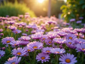 Osteospermum Sun Garden - Wide angle shot of purple and white African daisies carpeting a sunny Mediterranean garden bed, morning light