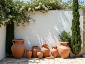 Ancient Amphora Display - Artistic arrangement of antique terracotta amphoras and urns against a white stucco wall, with spreading cypress trees and trailing jasmine