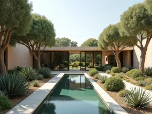 Architectural Mediterranean Garden - Modern interpretation of a Mediterranean garden with strong geometric shapes, featuring clipped bay trees, structural agaves, and contemporary water channels