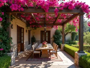 Bougainvillea Pergola - Close-up of a wooden pergola draped with vibrant pink bougainvillea, creating dappled shade over a rustic dining area with mosaic tile details