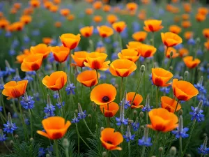 Californian Poppy Meadow - Aerial view of orange Californian poppies mixed with blue flax flowers in a Mediterranean-style meadow garden