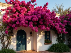 Bougainvillea Cascade - Dramatic cascading bougainvillea with vibrant magenta blooms covering a whitewashed Mediterranean villa wall, warm evening light, architectural photography