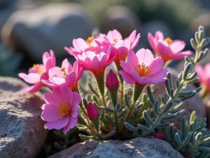 Cistus Rock Garden - Close-up view of pink rock rose (cistus) flowers among natural rocky outcrops, with silvery foliage catching the light