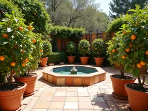 Citrus Garden Terrace - Sunny terrace with potted citrus trees in traditional terracotta containers, arranged around a tiled water feature with climbing jasmine on iron trellises