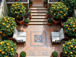 Citrus Grove Terrace - Aerial view of a tiered garden terrace with potted lemon and orange trees, featuring geometric tile patterns and wrought iron furniture