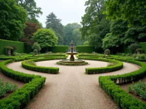 Classical Gravel Parterre - Wide-angle view of a formal parterre garden with gravel paths and beds outlined in dwarf germander, centered around a classical fountain