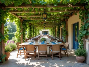 Coastal Garden Dining - Wide shot of an outdoor dining area under a grape-covered pergola, with stone flooring, rustic wooden furniture, and blue and white tableware