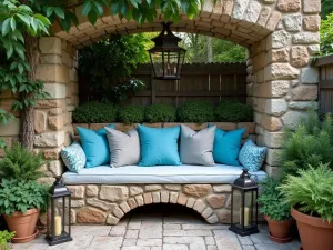 Coastal Garden Nook - Cozy garden nook with a built-in stone bench, cushions in Mediterranean blues, surrounded by potted herbs and vintage lanterns