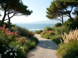 Coastal Gravel Garden - Natural-style gravel garden with maritime pines, coastal roses, and ornamental grasses swaying in the breeze, overlooking the sea