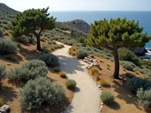 Coastal Mediterranean Garden - Aerial view of a coastal garden with windswept pine trees, silvery olive trees, and drought-resistant plantings, featuring gravel paths and natural stone walls