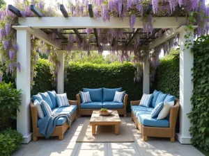 Coastal Mediterranean Pergola - Wide-angle view of a whitewashed wooden pergola draped with wisteria, featuring Mediterranean-style outdoor furniture with blue cushions and striped throws