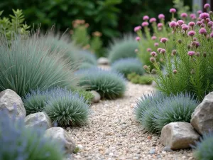 Coastal Mediterranean Rock Garden - Close-up of a gravel and rock garden featuring silvery artemisia, blue festuca grass, and pink valerian growing between weathered stones and light colored gravel