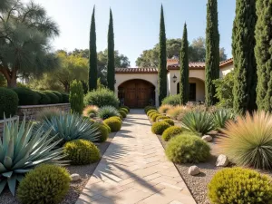 Coastal Villa Garden - Wide-angle view of a Mediterranean villa garden with drought-resistant plants, featuring agave, euphorbia, and ornamental grasses against a backdrop of cyprus trees