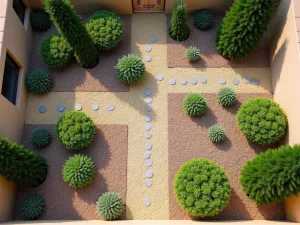 Compact Gravel Garden - Aerial view of a small gravel garden with drought-resistant Mediterranean plants, featuring geometric patterns created with different colored gravels, dwarf cypress trees, and compact santolina bushes