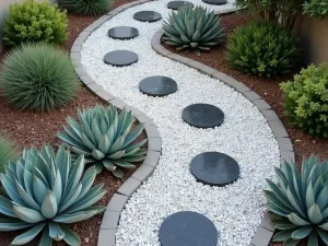 Contemporary Mediterranean Gravel Garden - Aerial shot of a drought-resistant garden with geometric patterns created in white gravel, featuring architectural euphorbias and silver-leaved plants. Modern stepping stones in dark granite