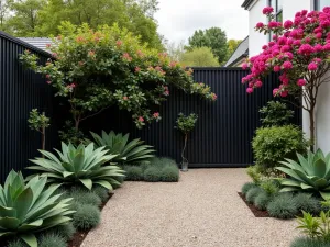 Contemporary Mediterranean Privacy Screen - Modern slatted privacy screen in dark metal with climbing jasmine and bougainvillea. Foreground of structured gravel garden with architectural Mediterranean plants