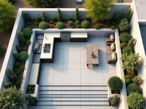 Contemporary Mediterranean Roof Garden - Aerial view of a modern roof terrace with built-in planters containing drought-tolerant Mediterranean plants. Geometric decking pattern and minimal outdoor kitchen area