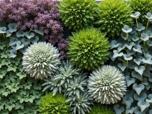 Contemporary Mediterranean Vertical Garden - Close-up of a modern vertical garden wall incorporating drought-resistant Mediterranean plants in a geometric pattern. Mixed textures of silver, green, and purple foliage