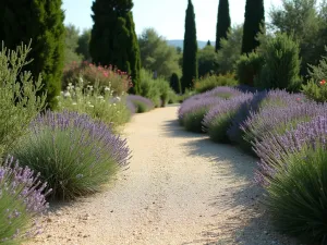 Crushed Stone Mediterranean Path - A winding gravel path made of light beige crushed stone, bordered by lavender and santolina, leading through a sun-drenched Mediterranean garden with cypress trees in the background