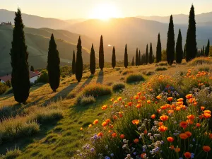 Cypress and Wildflower Meadow - Aerial view of Italian cypress trees interspersed with colorful Mediterranean wildflowers, including poppies and cornflowers, golden hour lighting