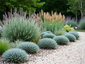 Drought-Resistant Gravel Border - Mixed border featuring silver-leaved plants like cardoons and artemisia growing through pale gravel, with santolina balls providing structure