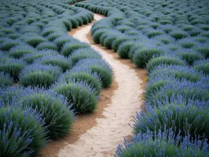 Rosemary Flower Path - Aerial view of a winding path lined with flowering rosemary bushes, their blue flowers creating a carpet effect