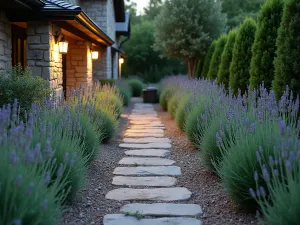 Fragrant Mediterranean Garden - Evening scene of a garden path lined with rosemary, sage, and lavender, featuring subtle landscape lighting and rustic stone walls