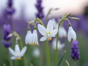 Gaura Border Display - Close-up of white gaura flowers dancing on delicate stems, with lavender in the background, soft focus