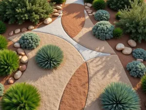 Geometric Gravel Design - Aerial view of a modern interpretation of a Mediterranean garden with geometric patterns created using different colored gravels and drought-tolerant plants