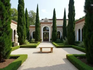 Gravel Garden Room - Wide view of an outdoor room defined by gravel flooring, cypress trees, and clipped boxwood, with a stone bench and classical statue