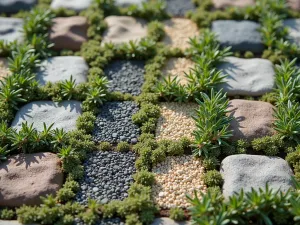 Gravel and Herb Tapestry - Close-up of a geometric pattern created with different colored gravels, interspersed with thyme, oregano, and rosemary creating a living tapestry