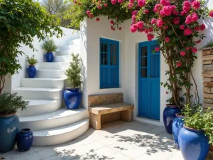 Greek Island Inspired Corner - Wide shot of a corner garden with white-painted steps, blue pottery, and cascading bougainvillea, featuring a traditional Greek-style stone bench