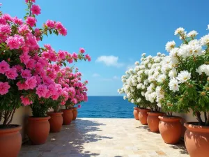 Greek Oleander Display - Wide angle view of pink and white oleander bushes in full bloom against a blue Mediterranean sky, with traditional terracotta pots in the background