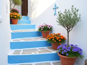 Greek-Style Garden Corner - A whitewashed corner with blue-painted steps, featuring clustered terracotta pots with trailing nasturtiums and compact agapanthus. Small olive tree provides focal point