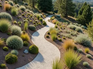 Hillside Gravel Garden - Aerial view of a terraced hillside garden with gravel paths, featuring drought-resistant plants like euphorbia, sage, and ornamental grasses