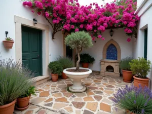 Intimate Mediterranean Courtyard - A cozy small Mediterranean courtyard garden with terracotta pots, compact olive tree, and blue mosaic fountain. White-washed walls covered in climbing bougainvillea, with rustic stone pavers and scattered lavender plants