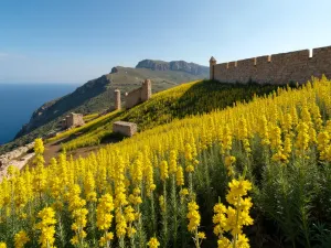 Jerusalem Sage Hillside - Wide angle view of yellow Jerusalem sage flowers covering a Mediterranean hillside, with ancient stone walls