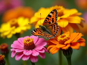 Lantana Color Display - Close-up of multicolored lantana flowers in yellow, orange, and pink, with a butterfly visiting the blooms