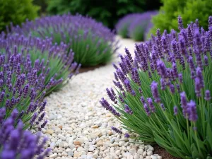 Lavender Gravel Border - Close-up of a curved gravel border filled with different varieties of lavender creating waves of purple, with white stone chips as mulch