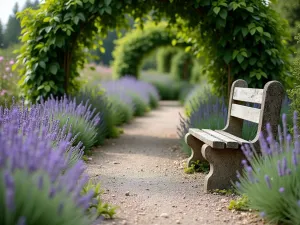 Lavender Path - Close-up view of a winding gravel path lined with blooming lavender and santolina, leading to an antique stone bench under a grape-covered arbor