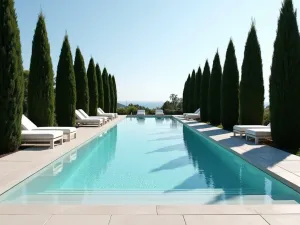 Linear Mediterranean Pool Garden - Long, narrow swimming pool with infinity edge, flanked by modern deck tiles and rows of perfectly pruned Italian cypress trees. Minimalist sun loungers in white