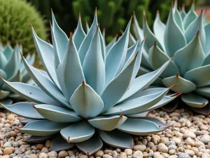 Agave Collection - Close-up of architectural agave plants with their blue-grey leaves arranged in a gravel garden alongside other succulents