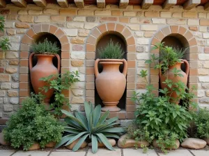 Ancient Amphora Wall Display - Weathered stone wall with mounted antique amphora vases, planted with trailing succulent plants and Mediterranean herbs